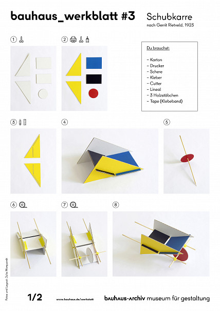 bauhaus_werkblatt mit Schritt-für-Schritt-Anleitung zum Bauen einer Schubkarre aus Pappe